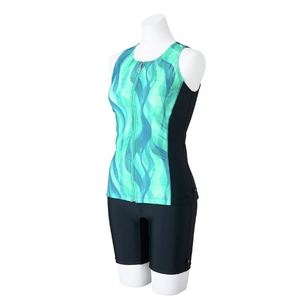 Mizuno Women’s Aqua Fitness Two-Piece Suit Front Zip Tank Top Black/Turquoise