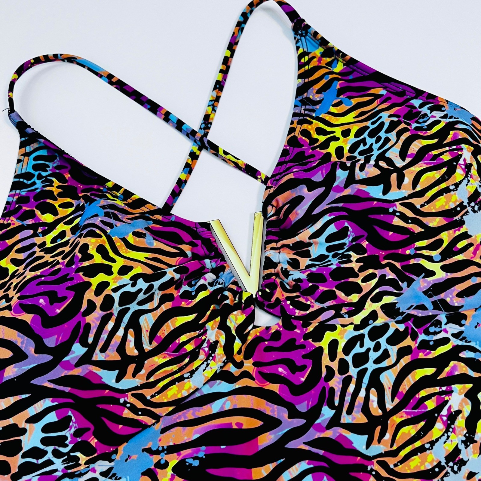 White Birch XL Neon Animal Print One Piece Swimsuit Strappy Back