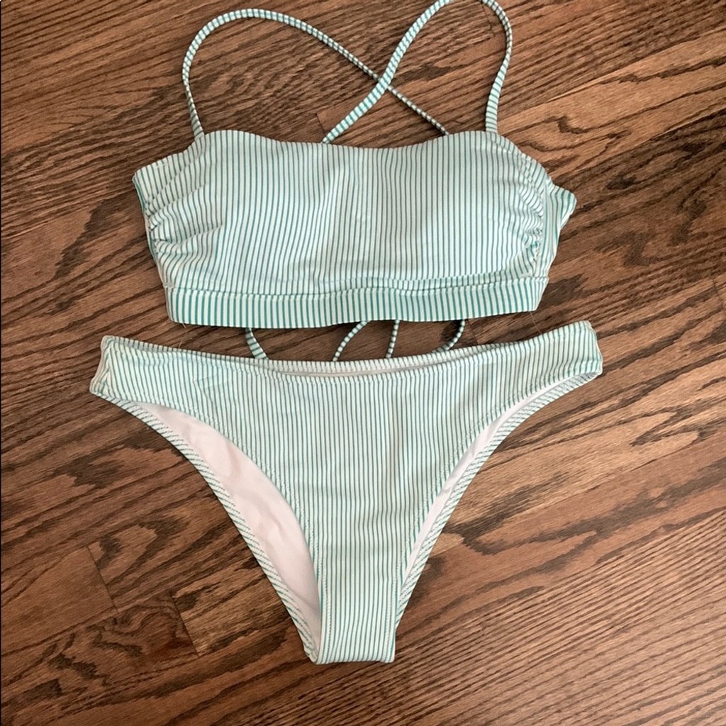 Shade & Shore Striped Green Bikini Set