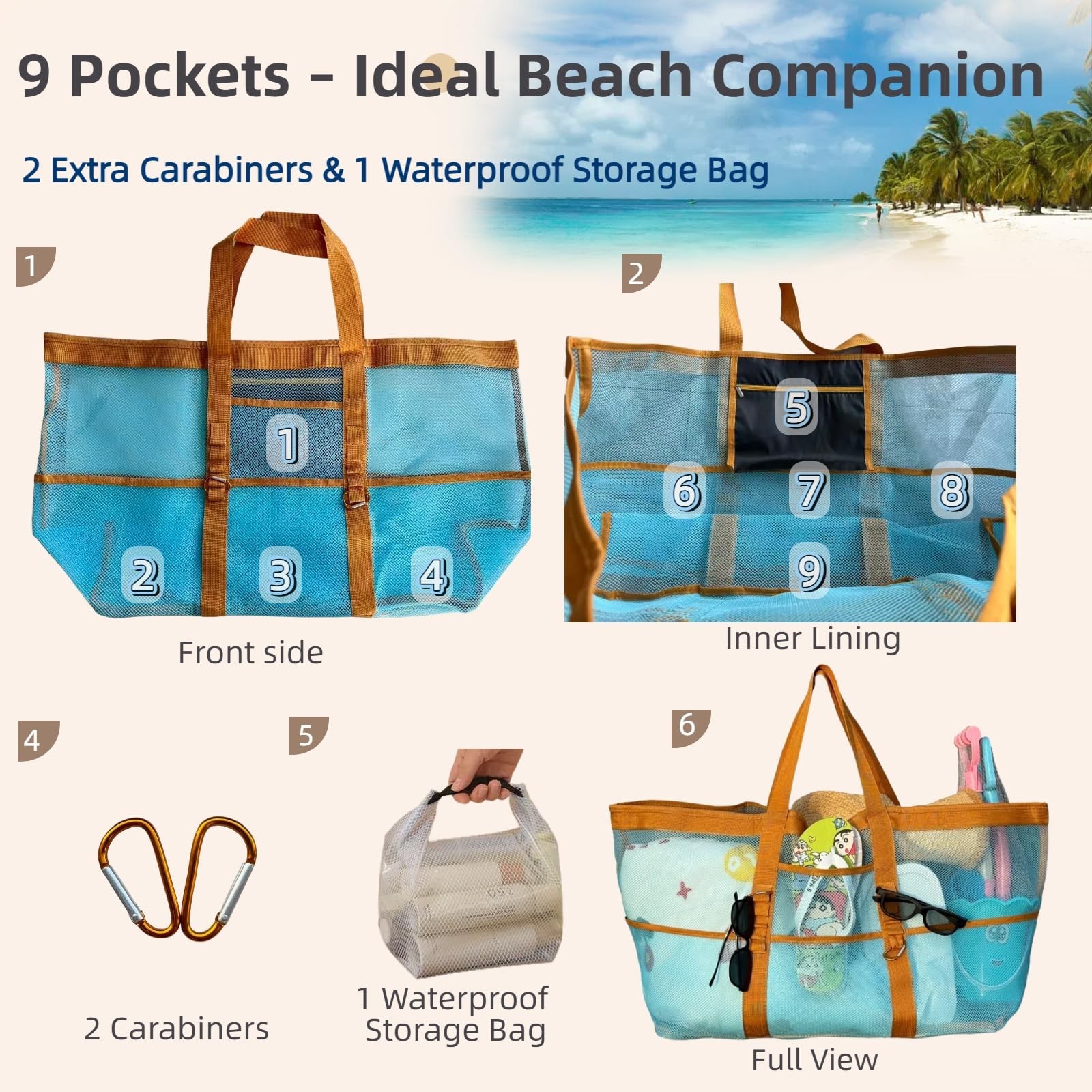 XX-Large Women’s Mesh Tote, 9 Pockets, 2 Carabiners, Incl Waterproof Bag, Lig…