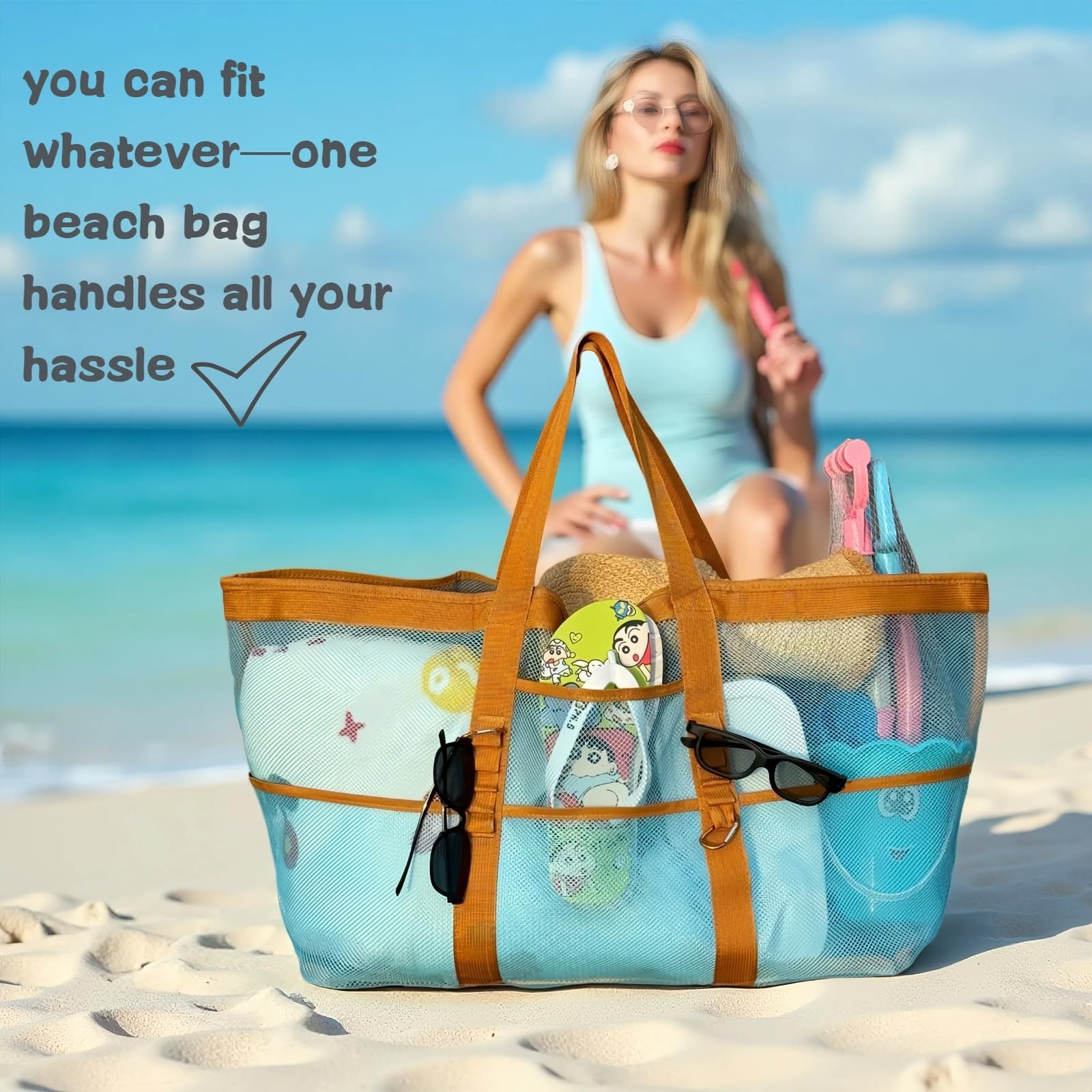 XX-Large Women’s Mesh Tote, 9 Pockets, 2 Carabiners, Incl Waterproof Bag, Lig…