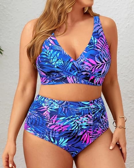High Waisted Bikini Set Sport Bra Scoop Neck Swimsuit Plus Size 22W New