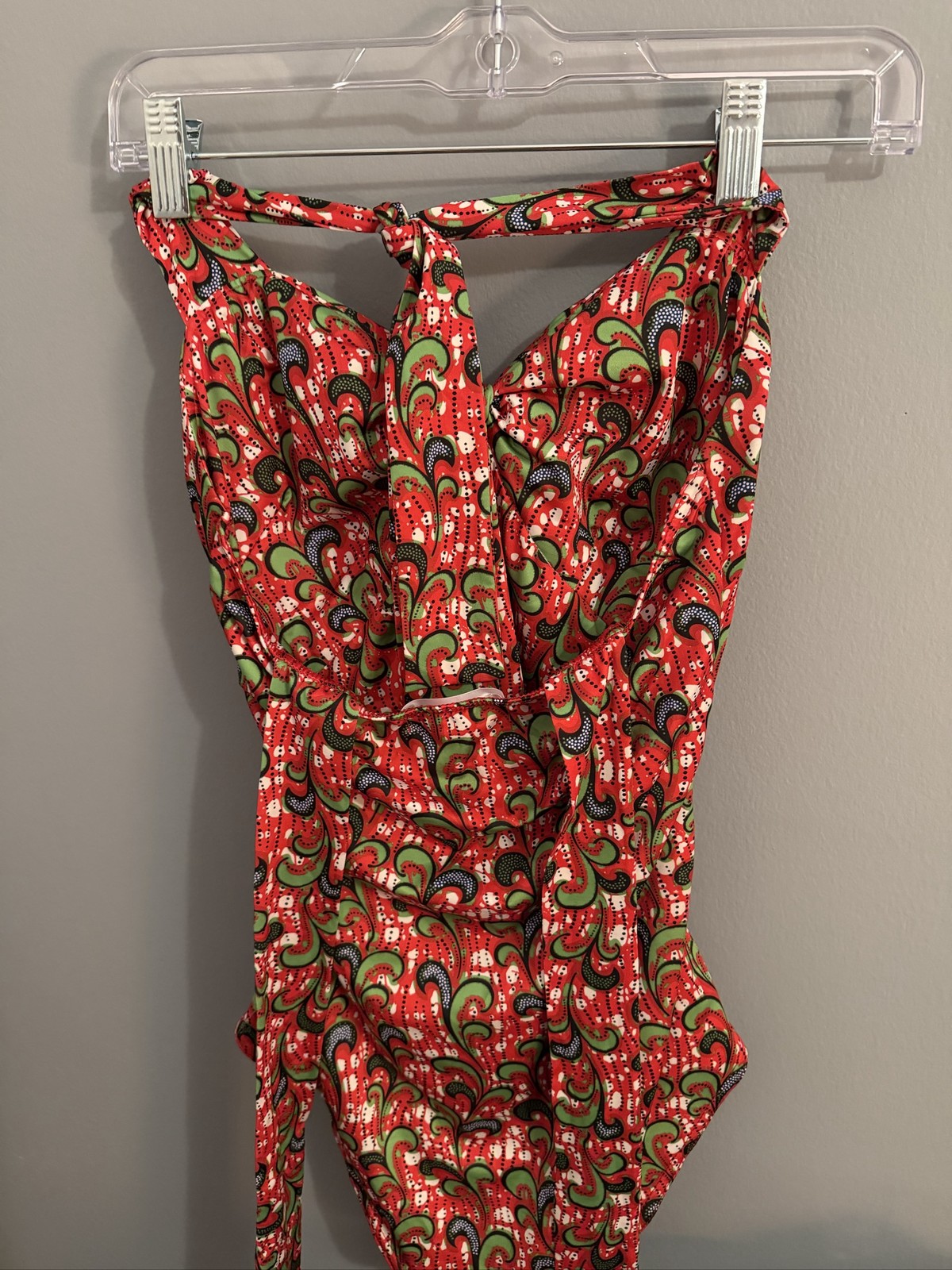 Paradise Bay Swimsuit Red Green Pattern Halter Tie