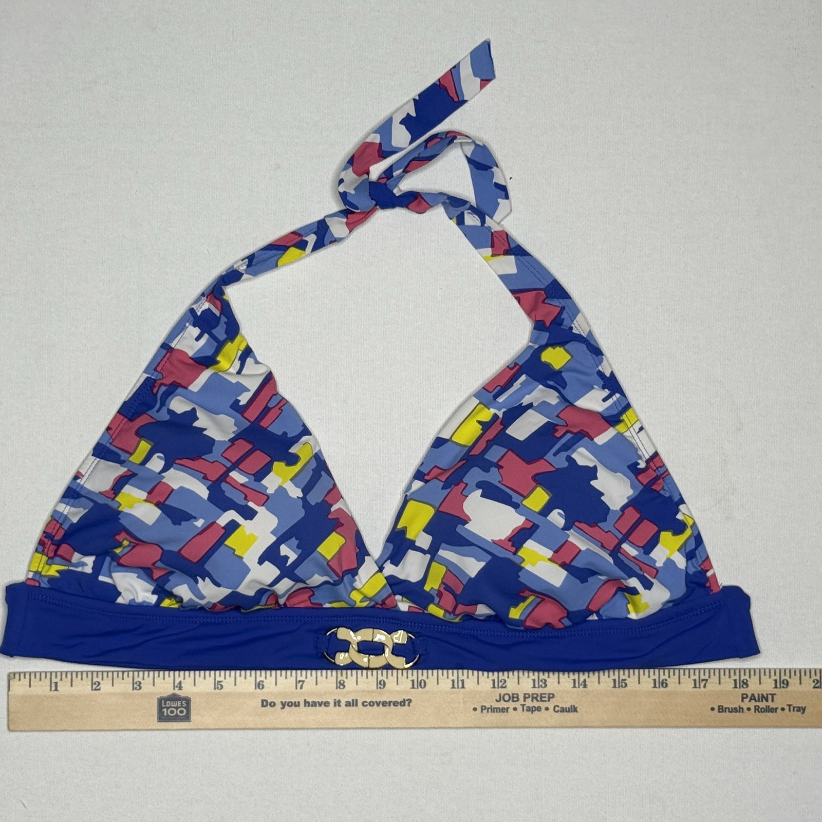 PERRY ELLIS Floral Geometric Halter Bikini Top Blue Pink Yellow Gold Ring 36D DD