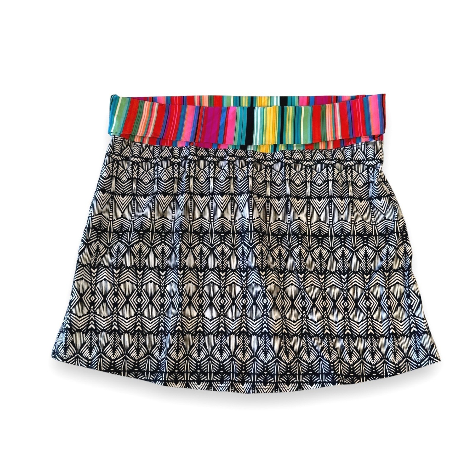 Swim Cover-up Skirt Geometric Black White Multi Stripe Fold Over Waist Sz XL