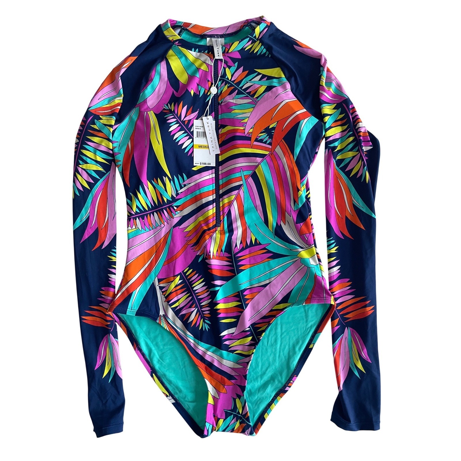 Trina Turk Paralia Long-Sleeve Zip-Up Paddle Suit, Rash Guard Size Medium