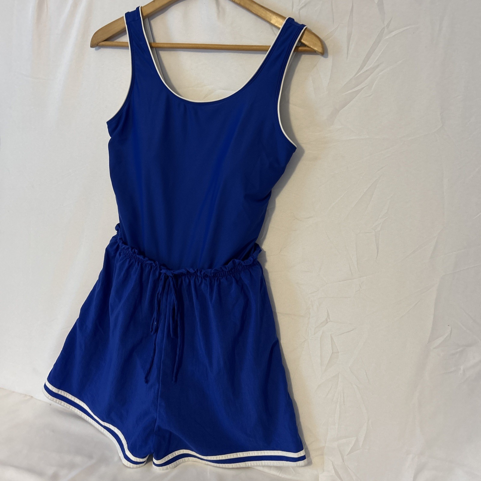 VTG Swim 365 Blue/ White Stripped Hem Spandex One Piece Swim Romper/ Size-14W