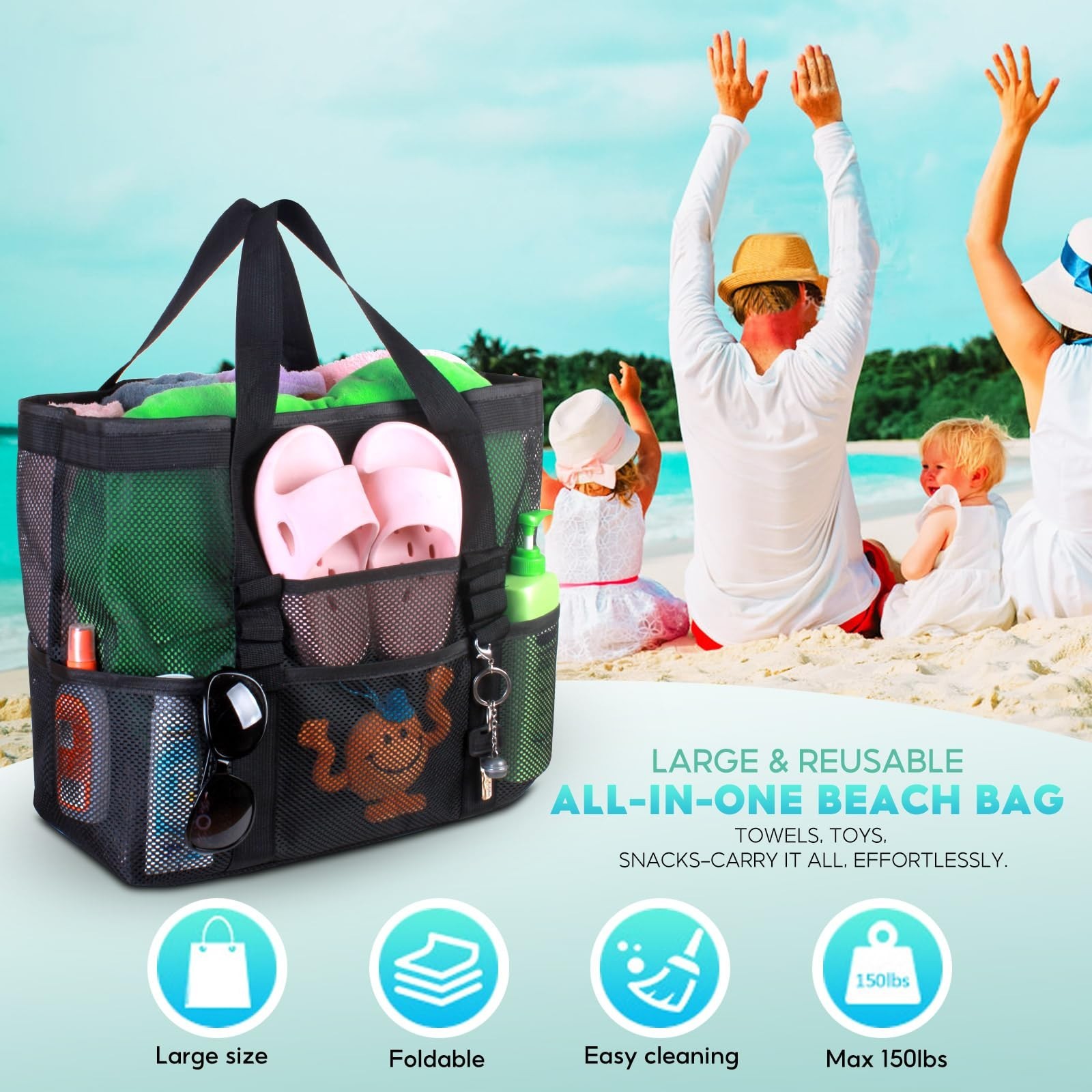 Large Mesh Beach Bag – Lightweight Beach Tote with 9 Pockets, Beach Bag fo