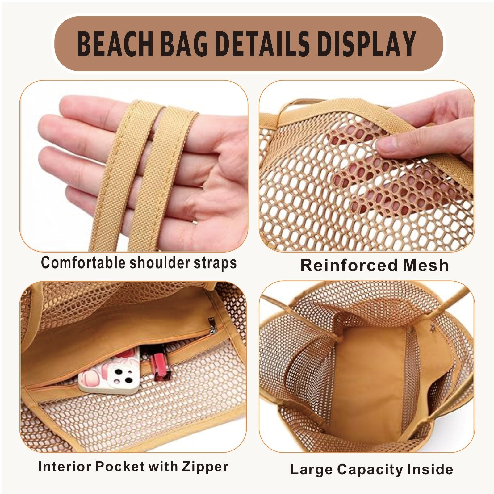 Mesh Beach Tote with Zipper Pockets,with a pair of Sunglasses Large Beige