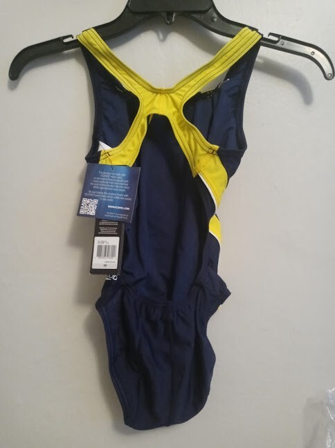 Speedo Women’s PowerFLEX Eco Taper Splice Pulse Back Swimsuit Size 26 Nvy/Gold