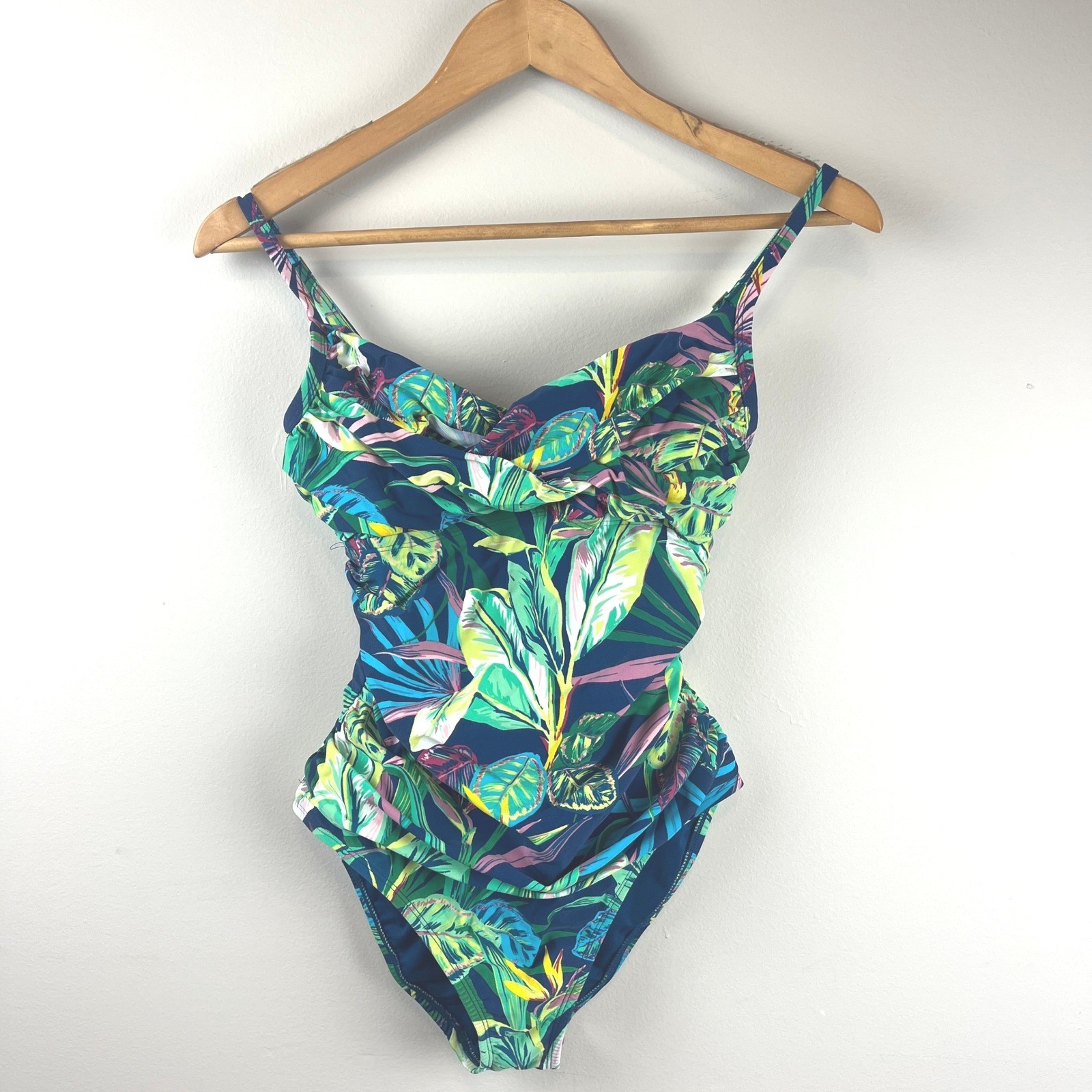 Bleu Rod Beattie Blue Tropical Leaf Print One Piece Swimsuit Small