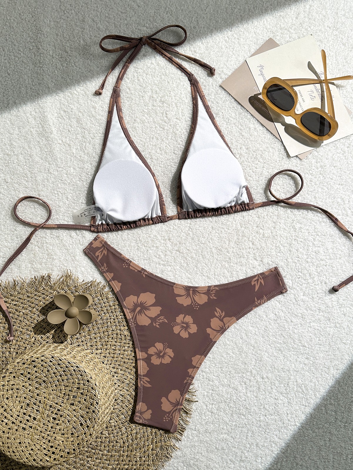Women’s Brown Hibiscus Floral Triangle Bikini Set, Tie-Side Halter Top & Cheeky