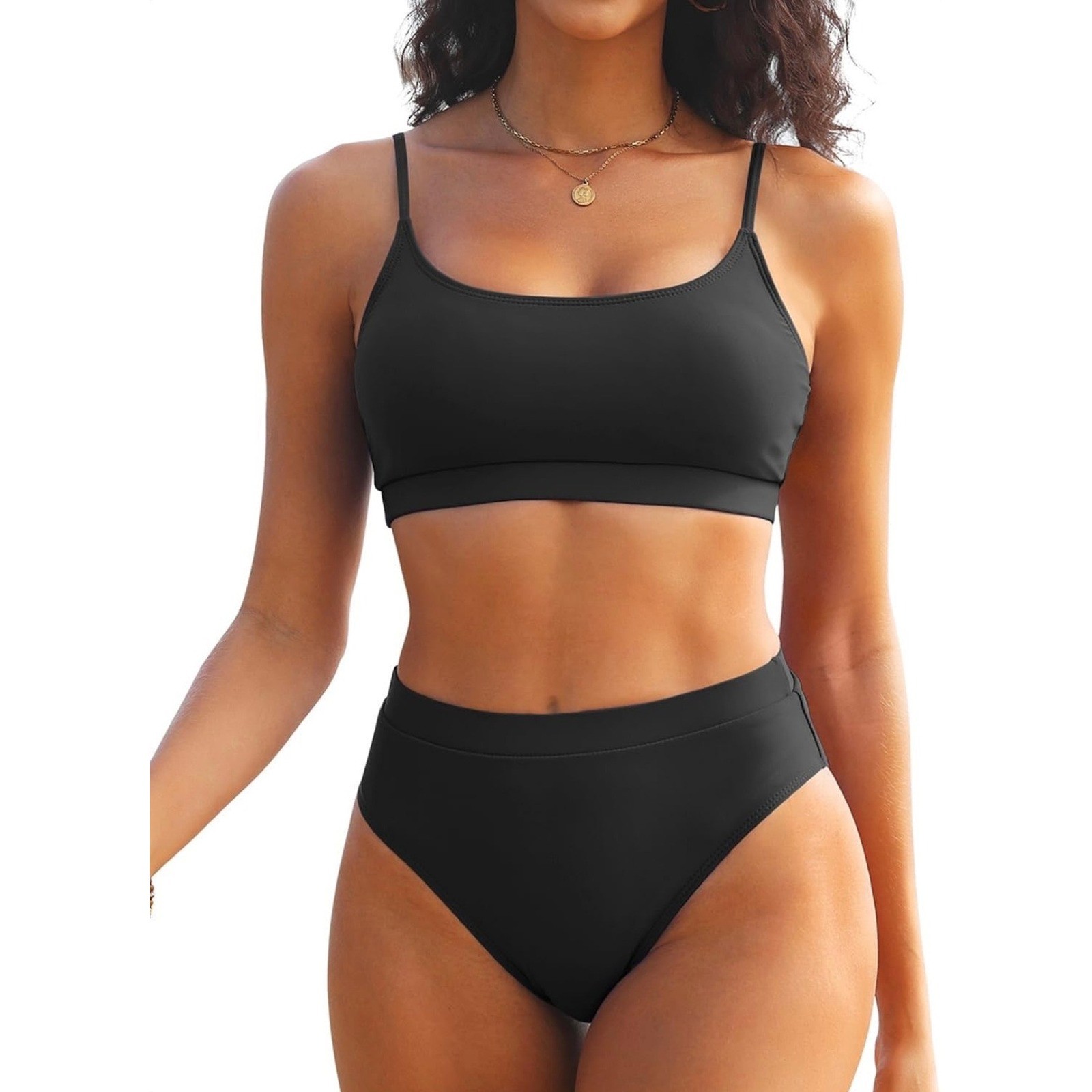 High Waisted Bikini Athletic Swimsuit Sporty High Cut Bathing Suit Scoop Neck S