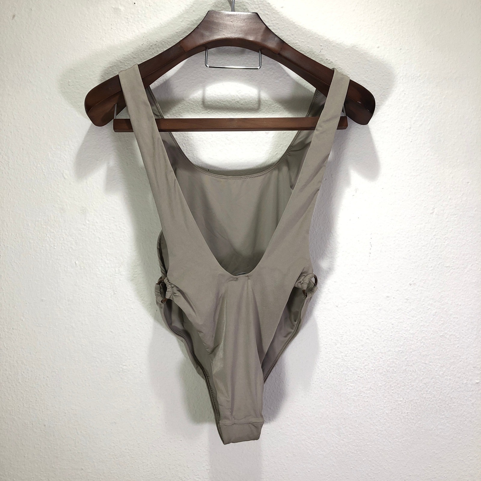 Aerie One Piece Swimsuit Small Beige Ring Detail Deep V Back High Cut NWT