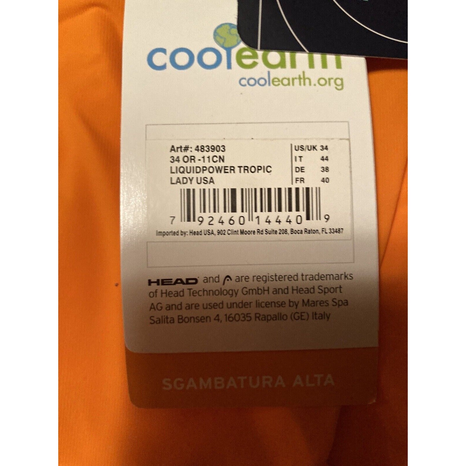HEAD Womens Swimming Swimsuit LiquidPower Tropic Lady. Orange. Size 34. Open Box