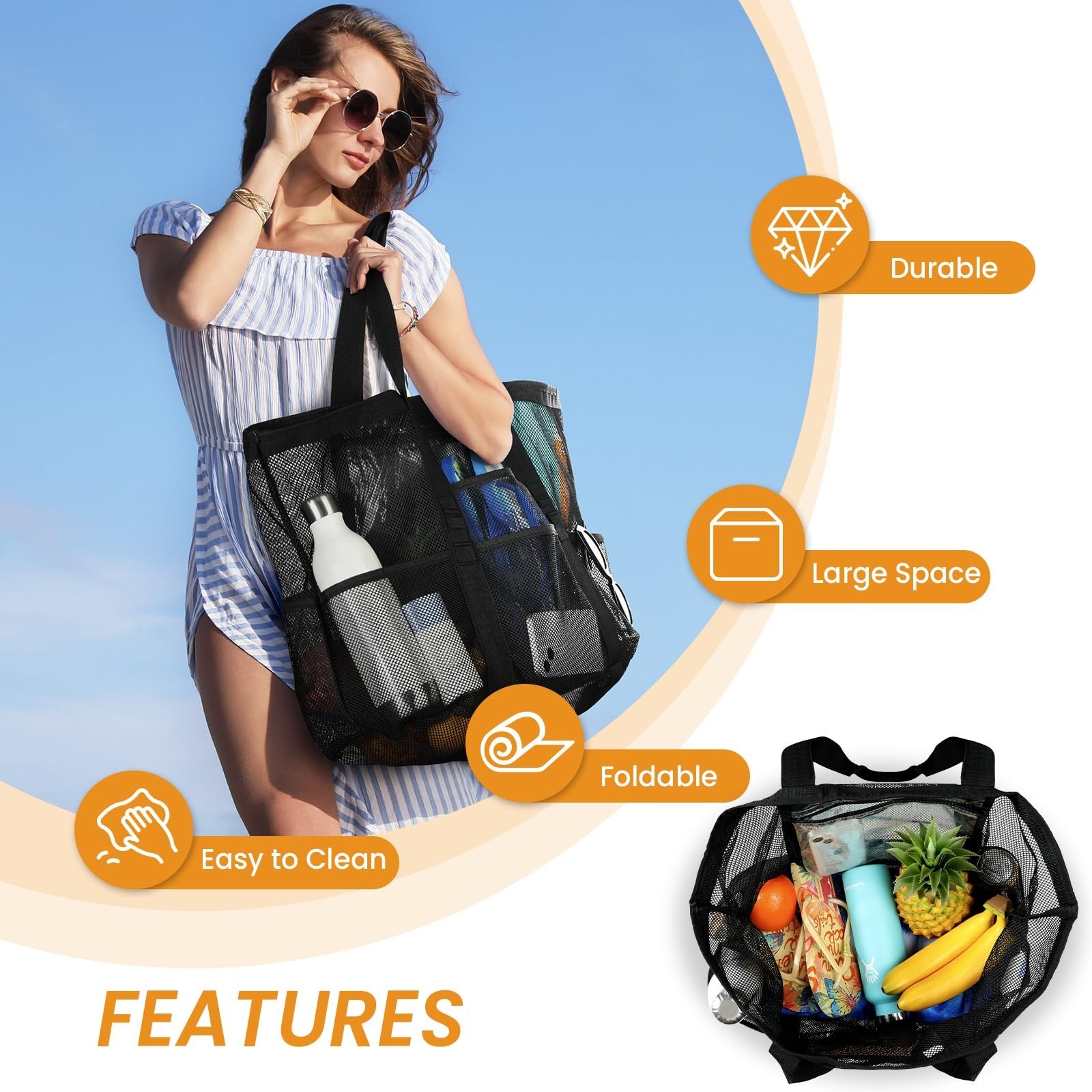 Tavaleu Mesh Beach Bag – Large Beach Tote with Multi Functional Pockets for F…