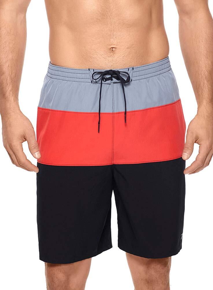 Reebok Men’s UPF 50 Colorblock Volley Elastic Waist Swim Shorts Black Red Small