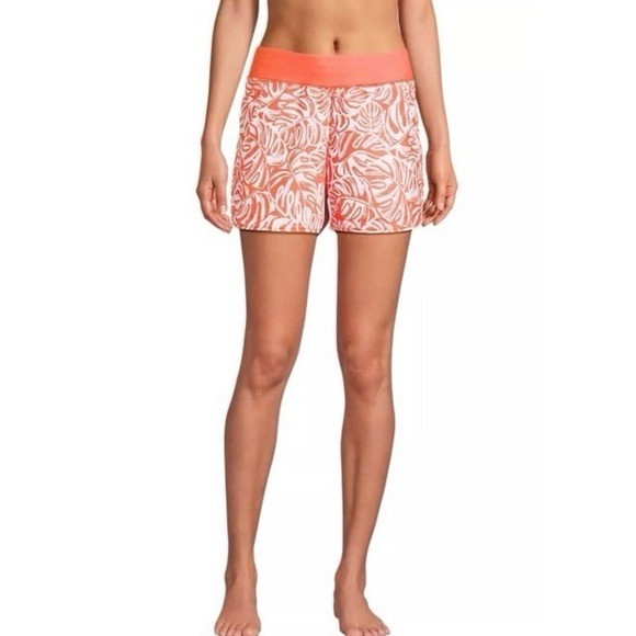 Lands’ End Sun Shade UPF 50 Orange Mini Tropic Leaves Swim Board Shorts 18W