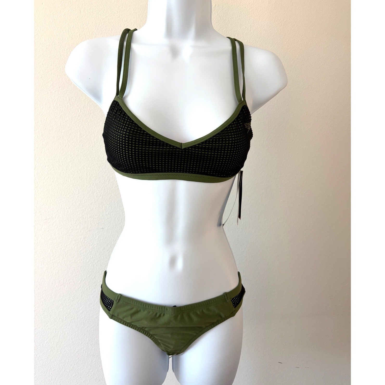 Speedo Athletic Turnz Endurance Practice Bikini Mesh Strappy Swim Set Olive Sz S