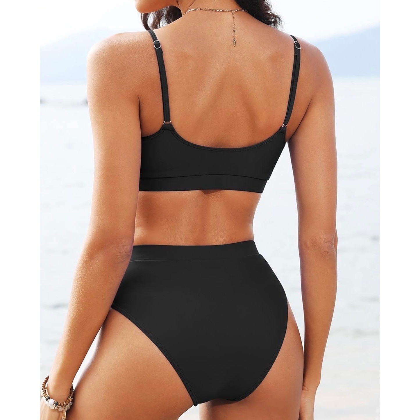 High Waisted Bikini Athletic Swimsuit Sporty High Cut Bathing Suit Scoop Neck S
