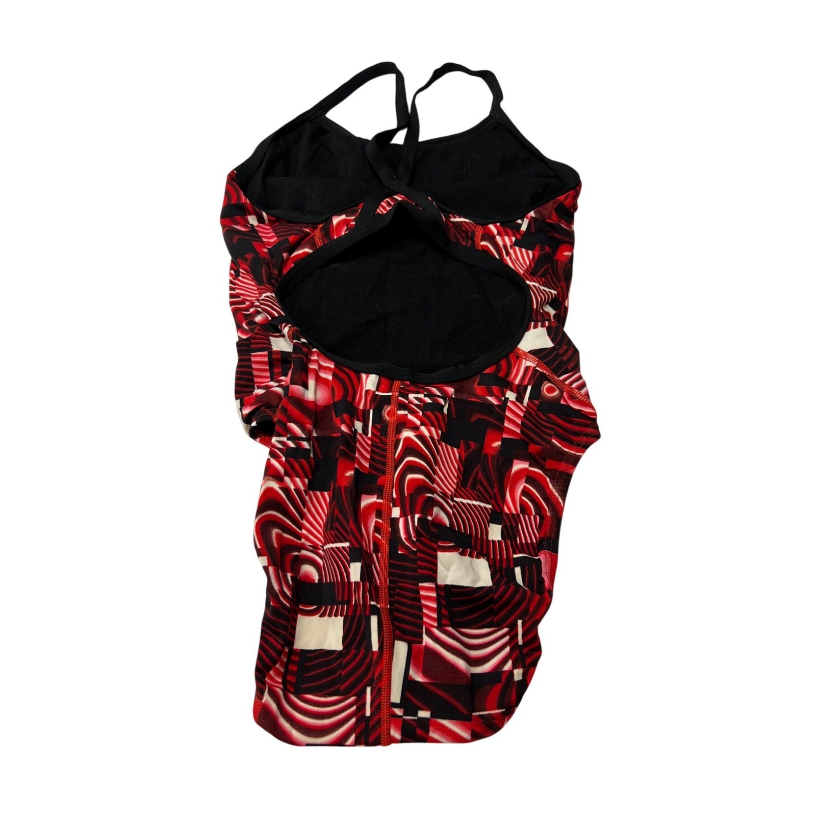 Speedo Endurance+ Womens 32 One Piece Swimsuit Red Black Swirl Geometric Cutout