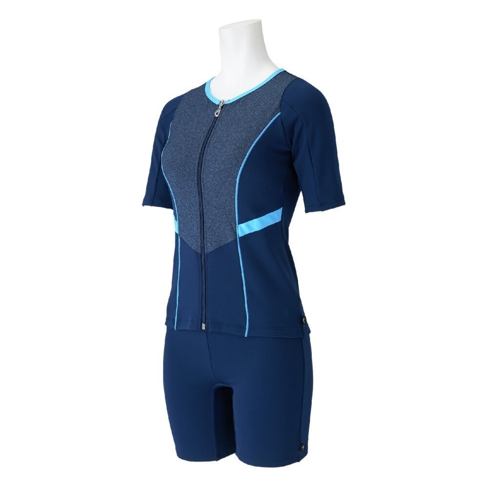 Mizuno Women’s Aqua Fitness Two-Piece Swimsuit Front Zip Navy/Light Blue 2025SS
