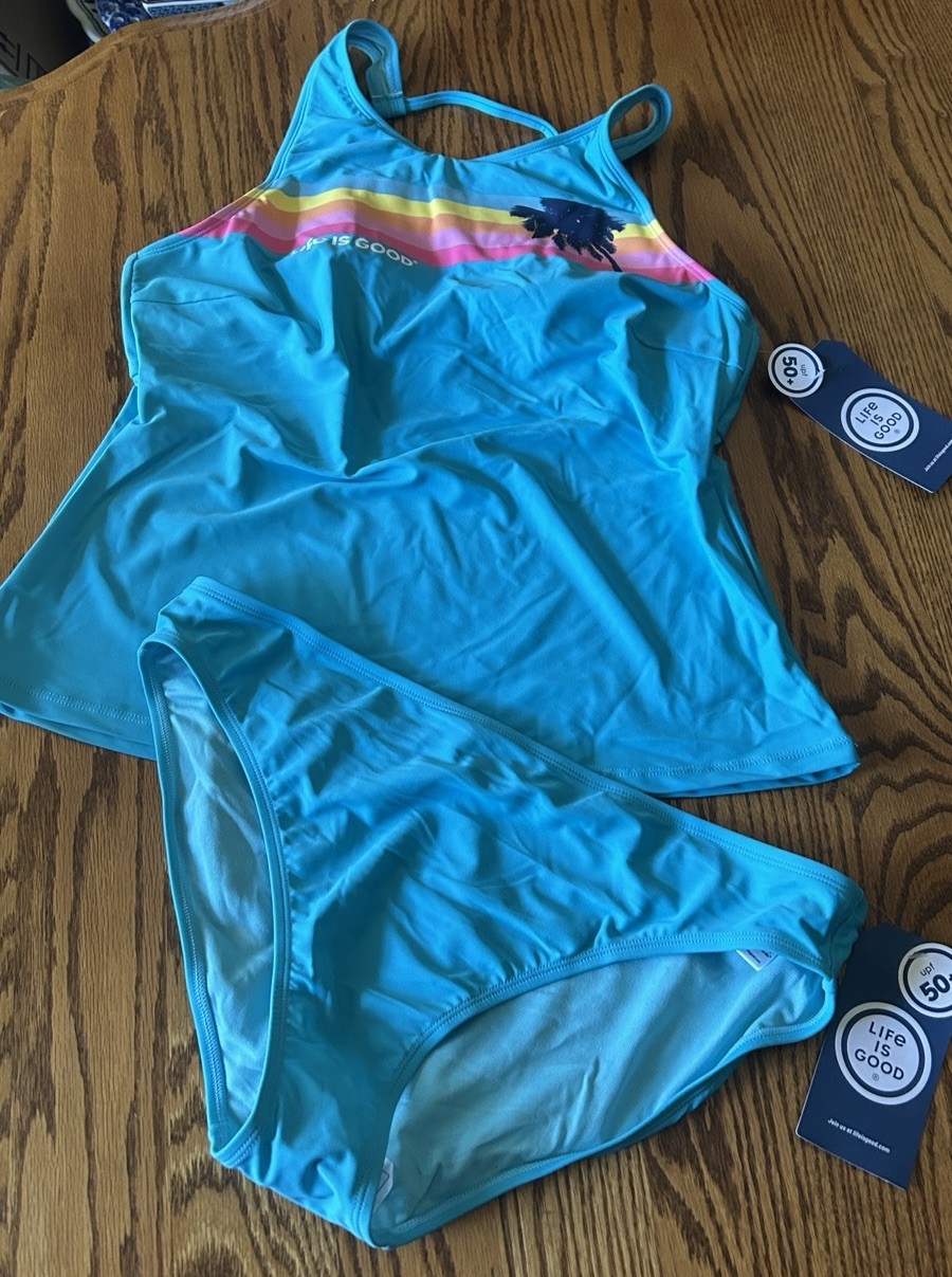 Life is Good UPF 50+ Turquoise 2 Pc Tankini Bikini Swimsuit Women’s Size L NWT