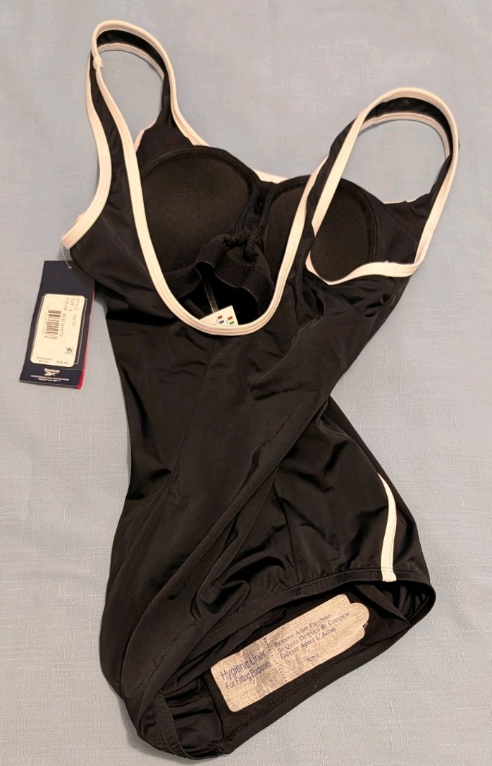 New Reebok Swim Suit Size 8 Black w/White Piping One Piece Sport Fashion NWT