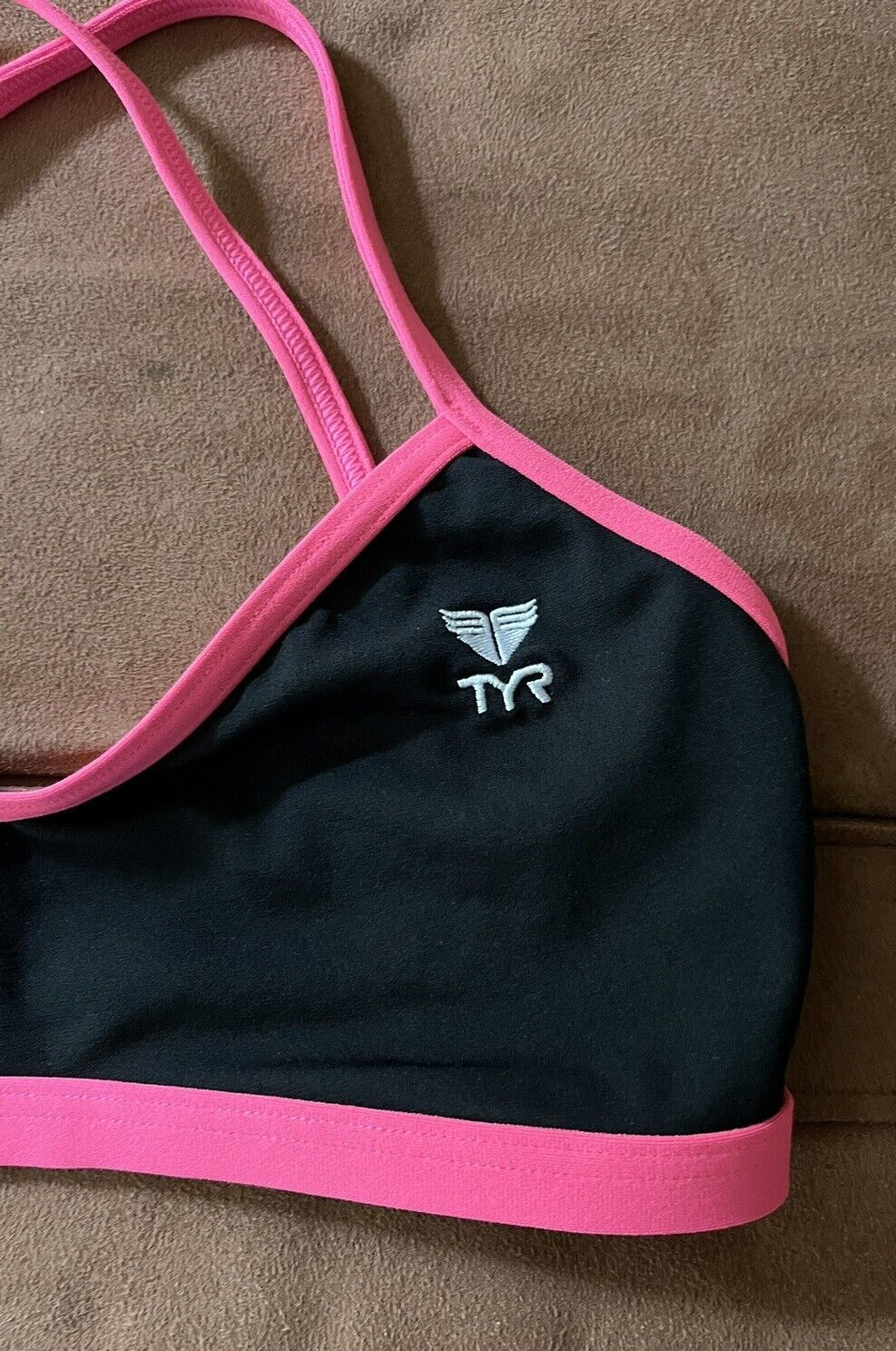 TYR Bikini Top Athletic Crisscross Strappy Black W/ Pink Trim Swimwear S (4/6)