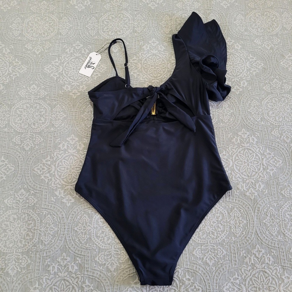 Sporlike Black One Shoulder Ruffle One Piece Swimsuit Gold V Detail Size L