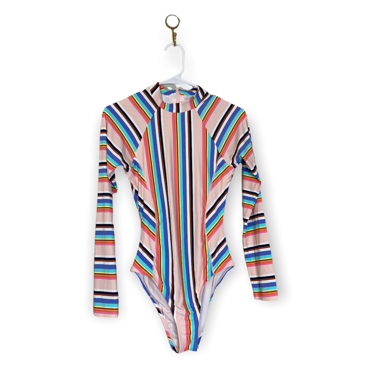 Hobie Standard Surf Suit M Multicolor Striped One Piece Swimsuit, Long Sleeve