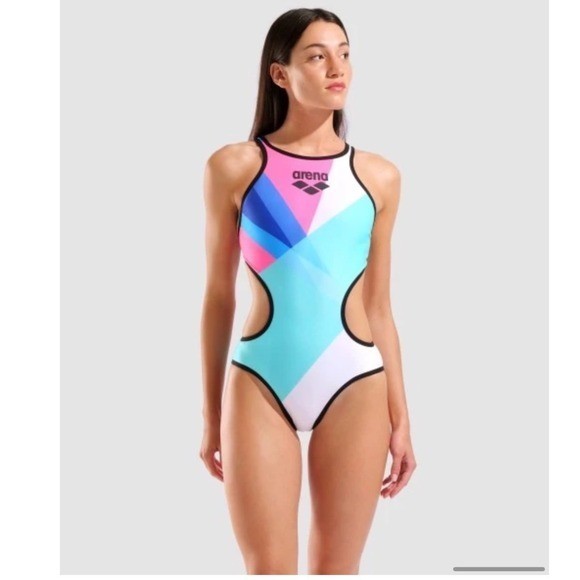 Arena One Placement Tech Back Swimsuit Multi Black Geometric Cutout One Piece 36