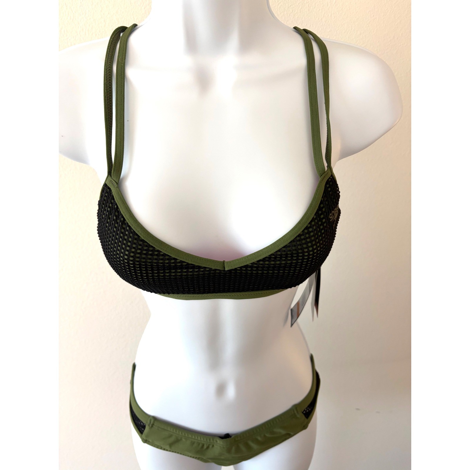 Speedo Athletic Turnz Endurance Practice Bikini Mesh Strappy Swim Set Olive Sz S