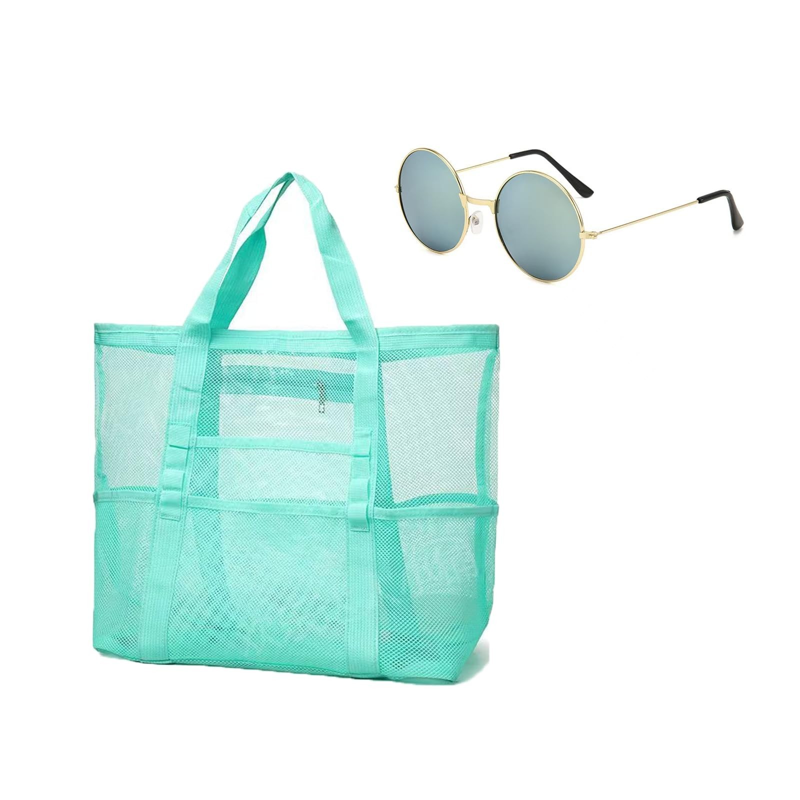 Mesh Beach Tote with Zipper Pockets,with a pair of Sunglasses X-Large Blue