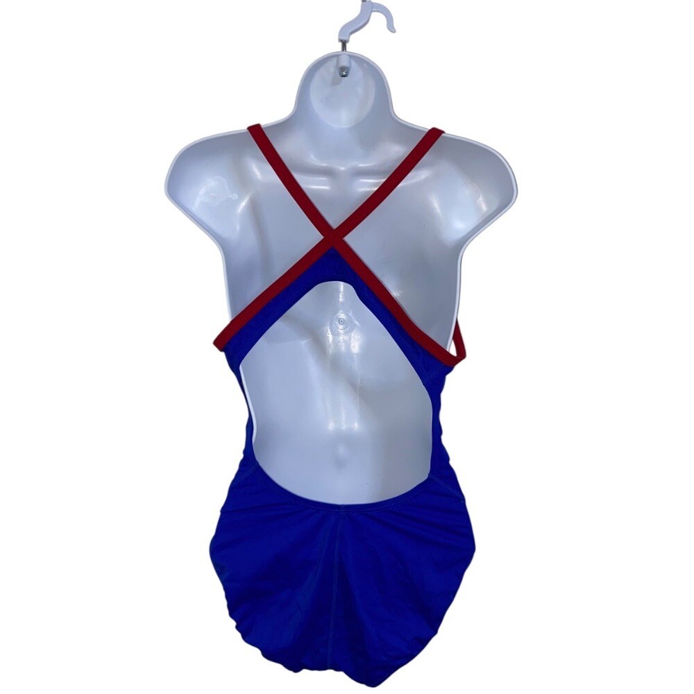 Nike Swimsuit One Piece Criss Cross Back Athletic Training Blue Red Size 12