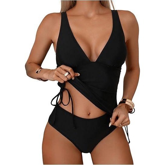 SweatyRocks Women’s XL Black 2 Piece Bathing Suit Tankinis Deep V Neck Drawstri