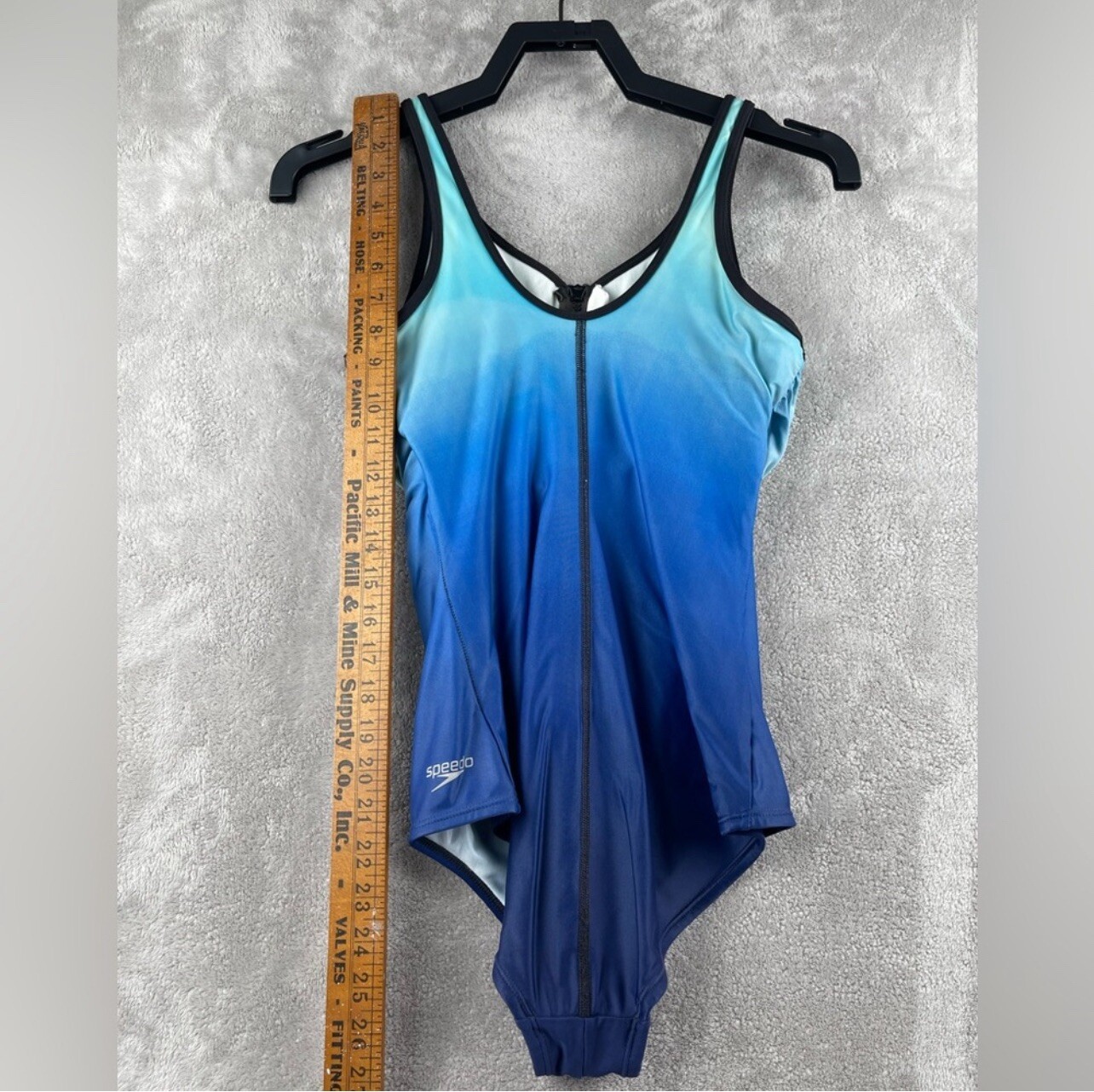 Speedo PowerFLEX Eco Womens One Piece Swimsuit Blue Ombre Zip Front Size 8