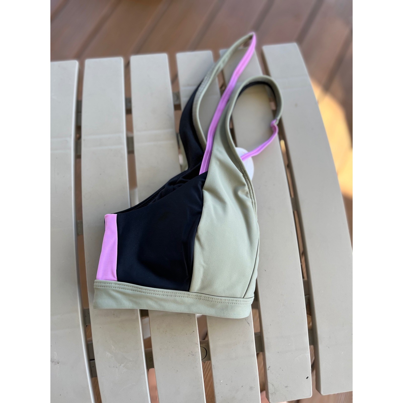 Prana Tulum Colorblock Halter Bikini Top XS Black Pink Beige Eco Econo Quick Dry