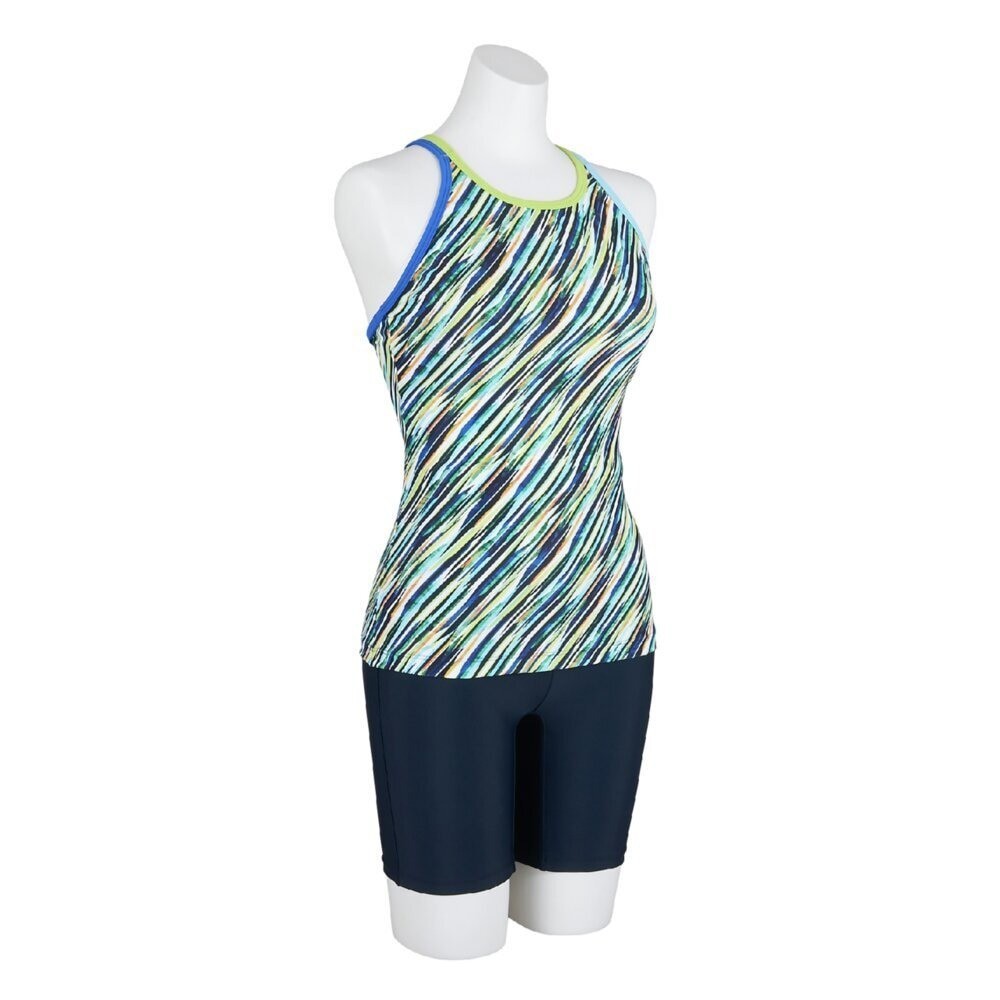 Mizuno Women’s Aqua Fitness Two-Piece Set (with anti-roll buttons) Wave Stripe