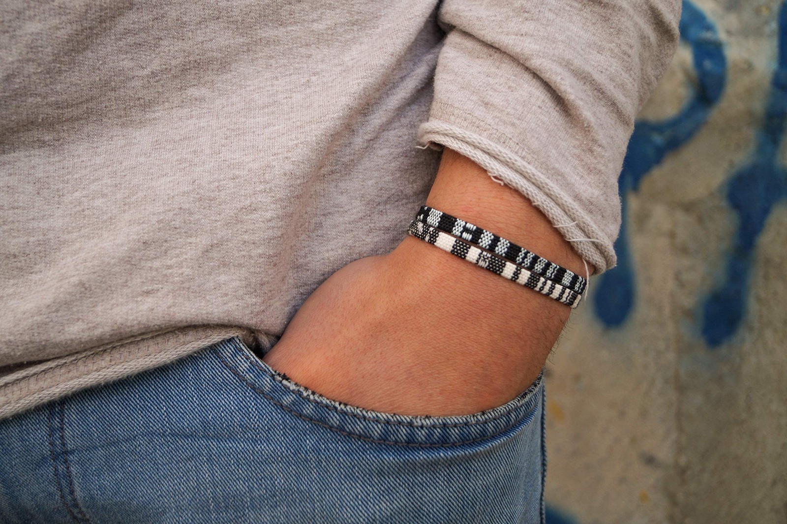 Made by Nami 2 Pcs Boho Surfer Bracelets for Women and Men Black & White