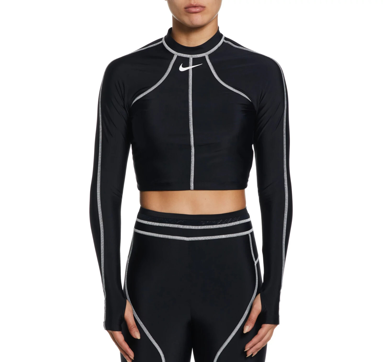 Nike Fusion Women’s Long Sleeve Rashguard Crop Swim Top Large Black Swimwear NWT