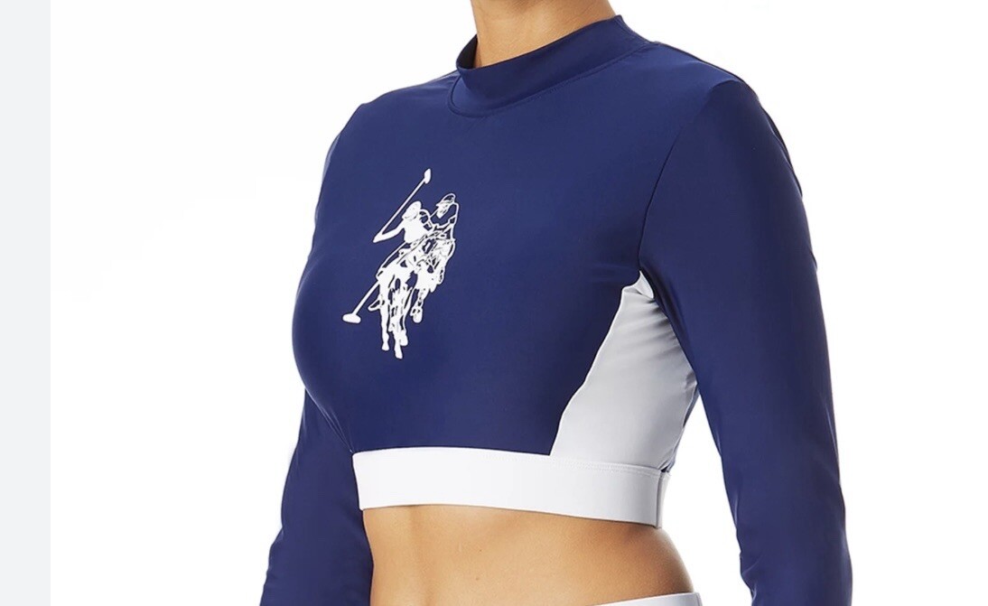 Women’s Rash Guard US Polo Assoc Top Blue Cropped 7/9 Juniors Swim EUC