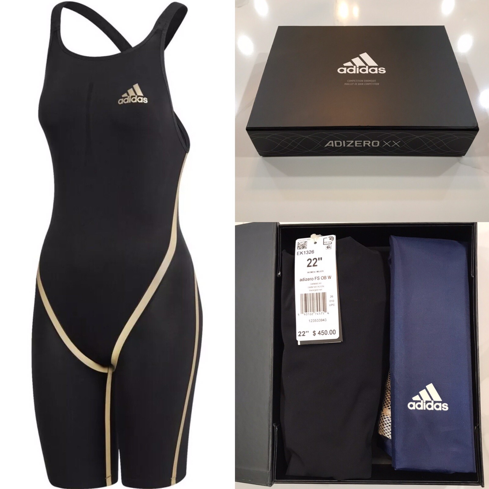 NEW Adidas Adizero XX Open-Back Swimsuit – Black/Gold Lining – 22” (EK1326) $450