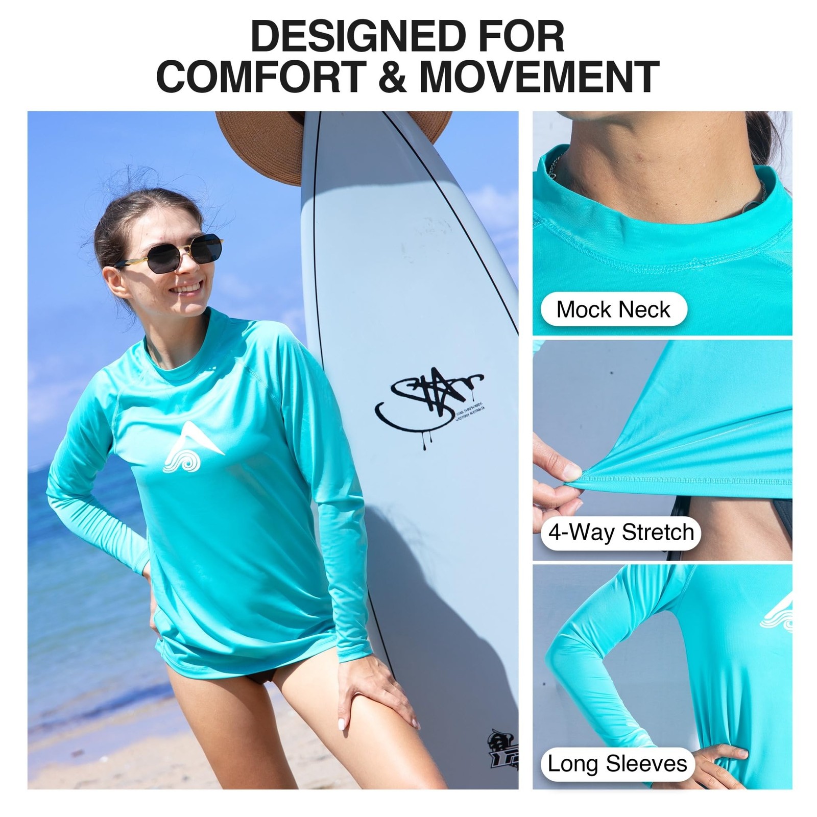 Kanu Surf Women’s Keri Long-Sleeve UPF 50+ Rashguard Large Aqua