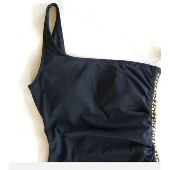 Laundry by Shelli Segal Black Gold One Shoulder Ruched Swim Suit Size S!!!