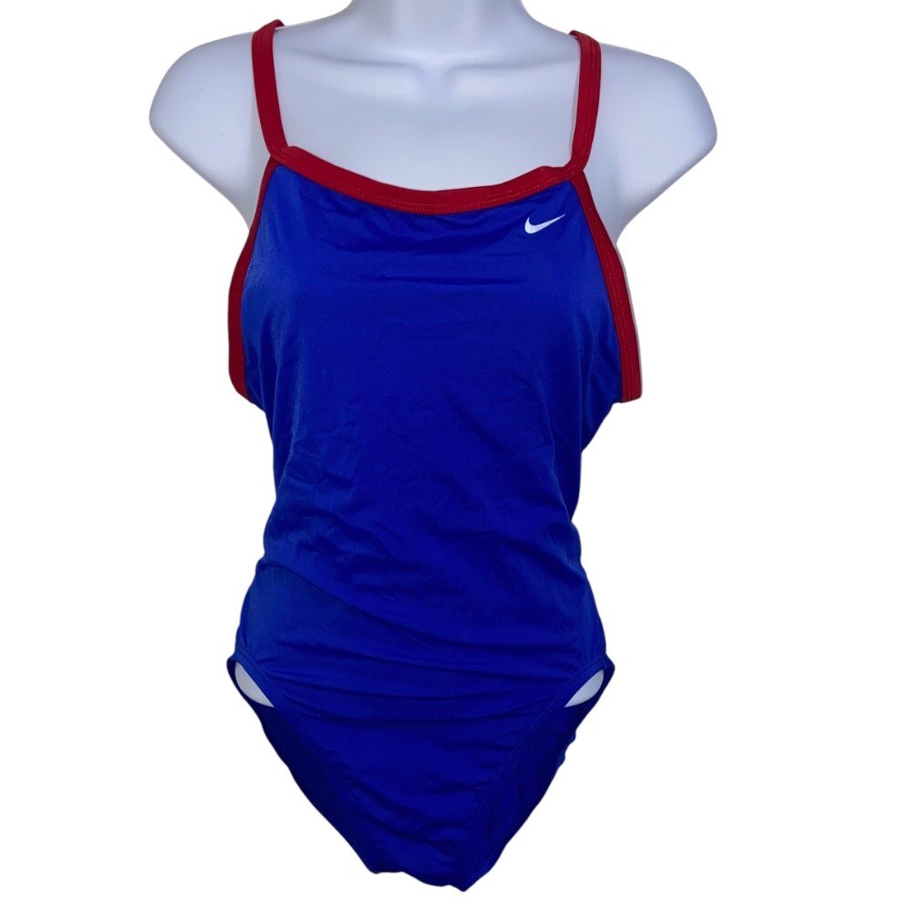 Nike Swimsuit One Piece Criss Cross Back Athletic Training Blue Red Size 12