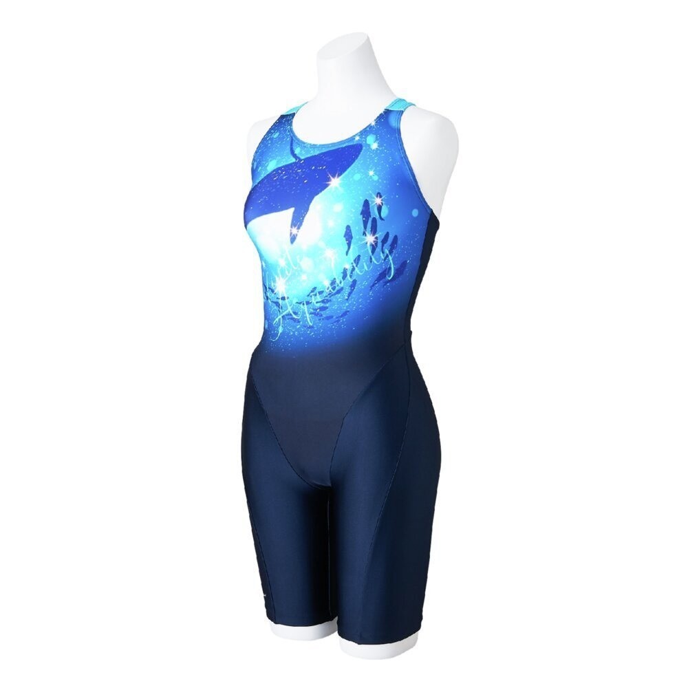 Mizuno Women’s Swim Fitness All-in-One Swimsuit Dolphin Print Navy/Turquoise