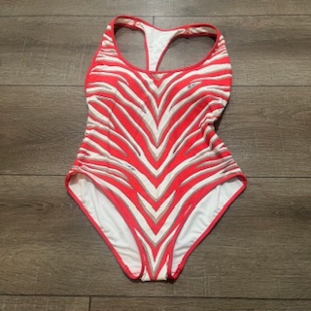 NEW Michael Kors 1 Piece Racerback Red Striped Swimsuit Women’s Sz 10 NWT