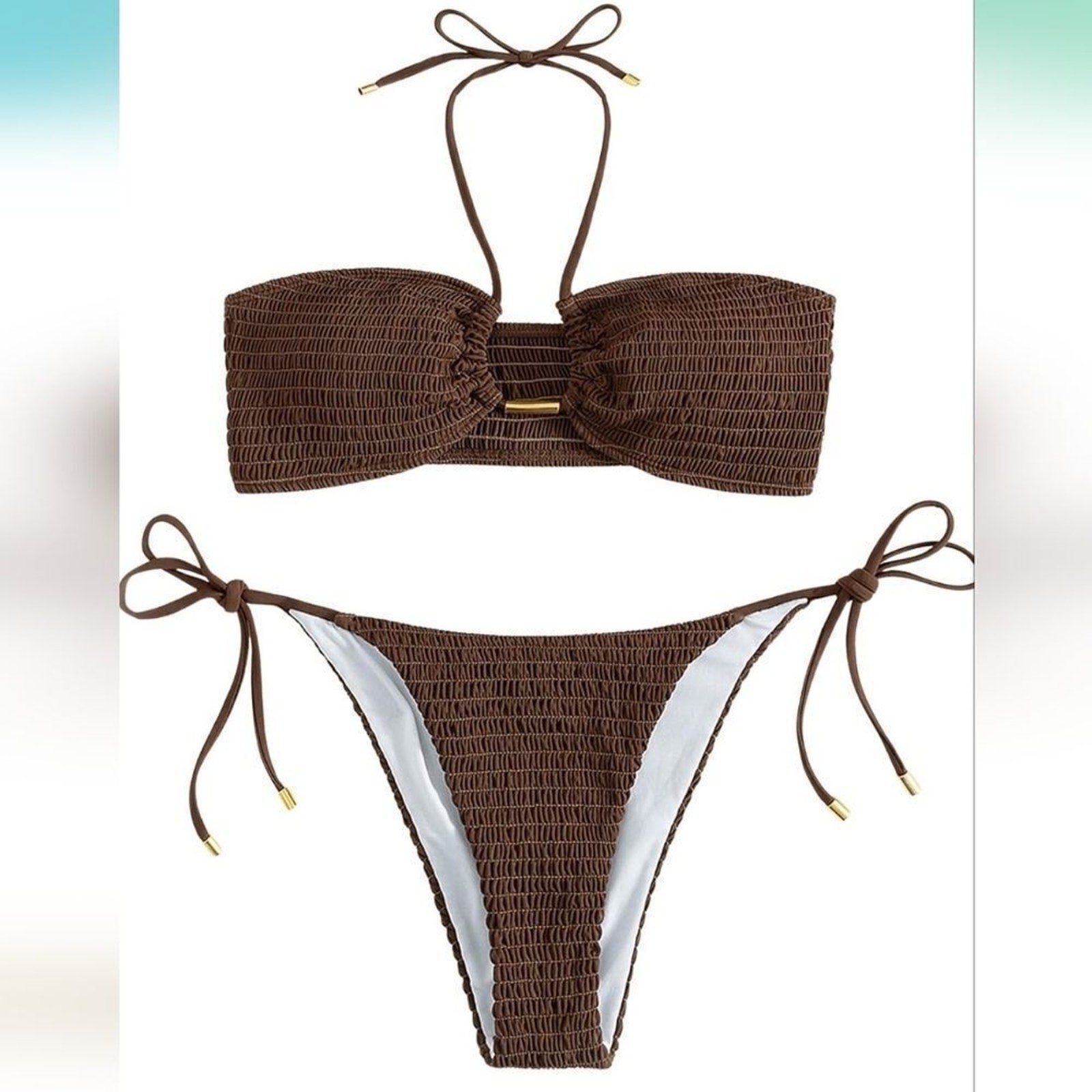 SweatyRocks Women’s 2 Piece brown Ribbed Tie Side Halter Bikini Swimsuit Medium