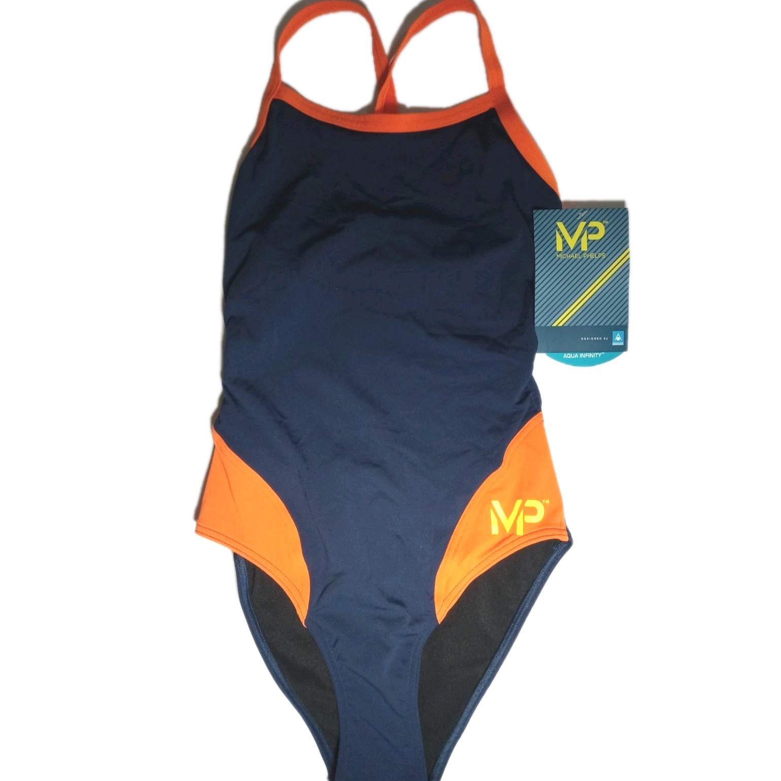 Michael Phelps Comp Back Splice Navy Blue Orange One Peice Swimsuit Size 32 NWT